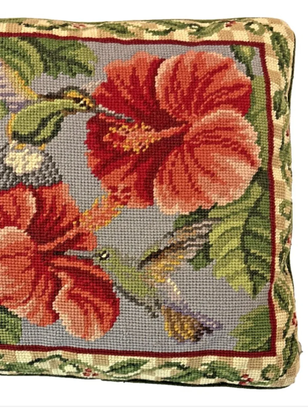 Vtg Crewel Embroidered Velvet Throw Pillow Humming Birds Hibiscus Flowers Green